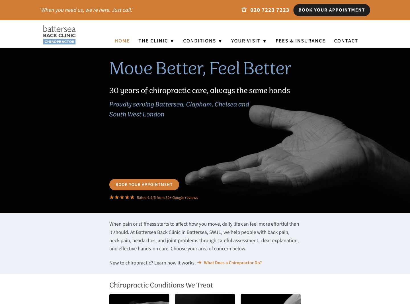 Battersea Back Clinic’s live website, with its hands-on care photography and clear routes to appointments.