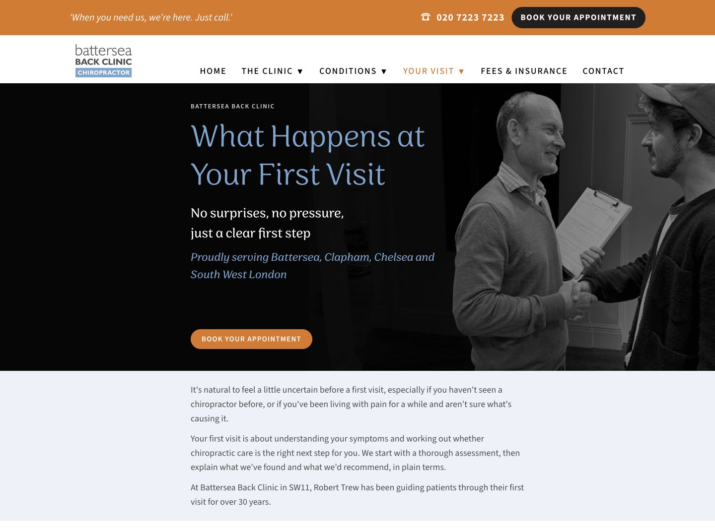 The clinic’s first-visit page explains the appointment and what patients can expect.