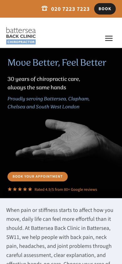 The same homepage adapted for a mobile screen, with a direct call-to-book link.