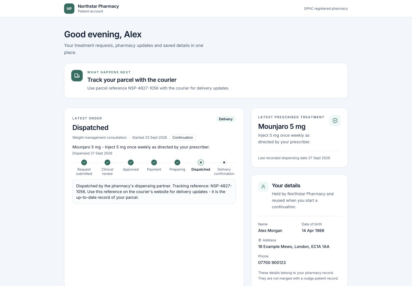 CadenceRx desktop patient portal, showing order progress, treatment information and saved details for a fictional patient.