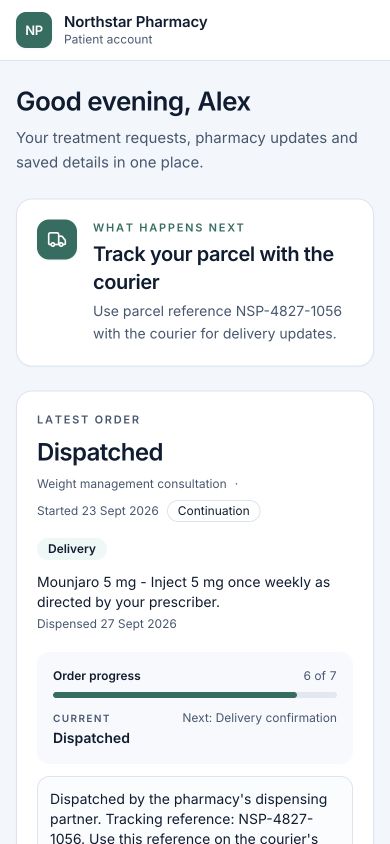 The CadenceRx patient portal on mobile, showing the next step and latest order using fictional demo data.