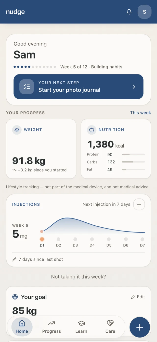 Nudge home screen with a daily next step, progress and treatment tracking.