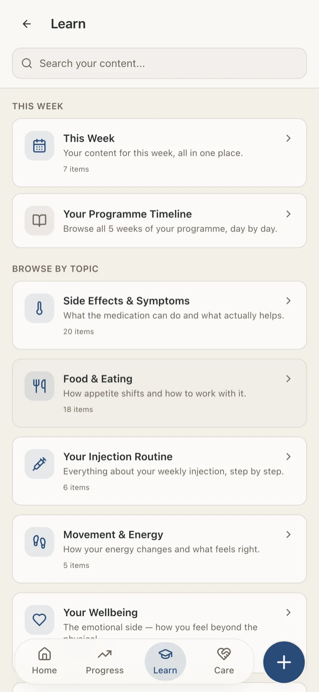 Nudge learning library with a programme timeline and practical topics.