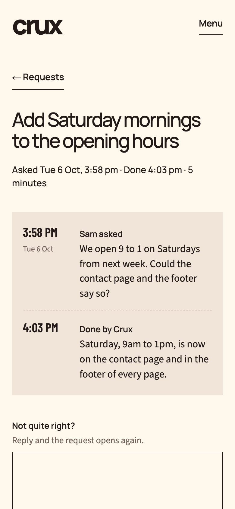 One request opened on a phone, with a timestamped log from asked to done.